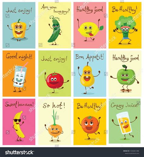 Set Cartoon Cards Healthy Food Characters Stock Vector (Royalty Free) 1036061488 | Shutterstock