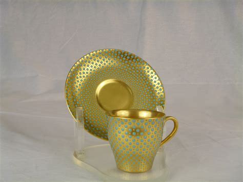 Demitasse cup & saucer gold with turquoise dots | Collectors Weekly