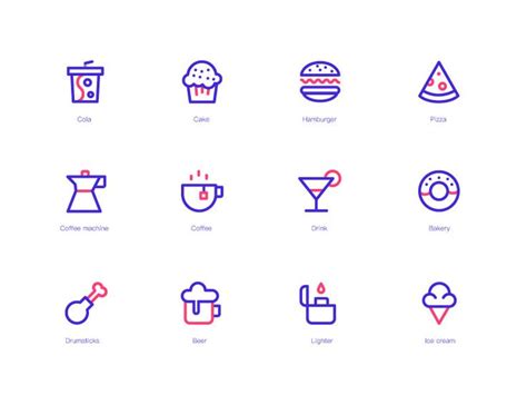 Food and Drinks Icon Design in Blue, Red, and Pink Colors