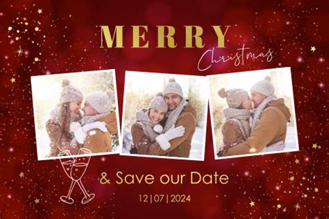 Save The Date Kerstkaart Rood Fotocollage Spetters Goudfolie