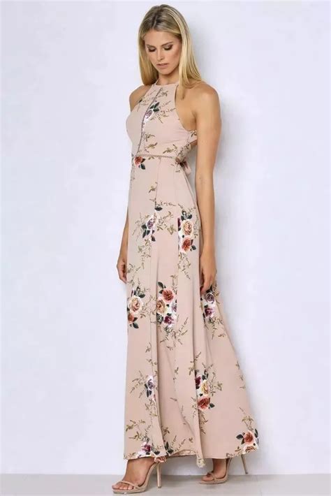 Women Halter Neck Chiffon Dress Floral Print Sleeveless Split Backless