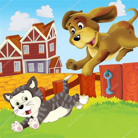 The Farm Cat Dog Fun Chase — Stock Photo © Illustratorhft 12304565