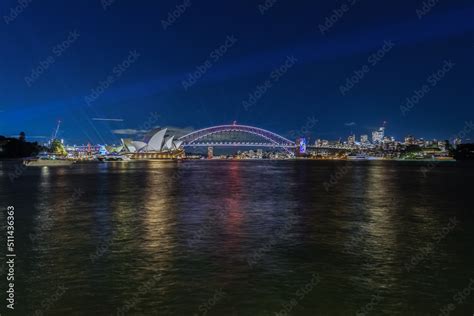 Colourful Light show at night on Sydney Harbour NSW Australia. The ...