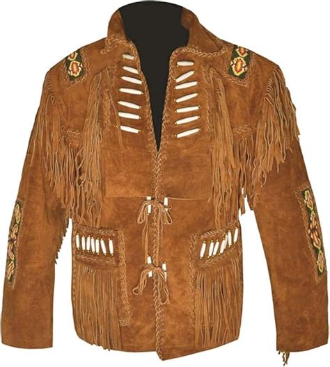 Classyak Herren Westernmantel Cowboy Knochen Perlen Wildleder Fransen