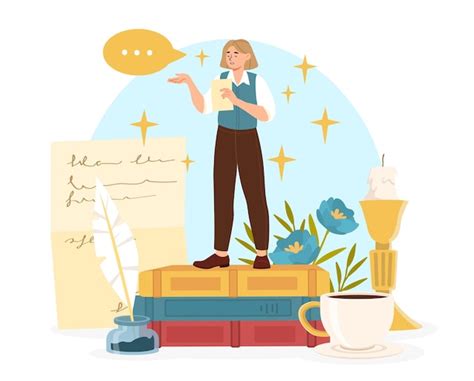 Premium Vector Poet With Poems Concept Woman With Stack Of Books And