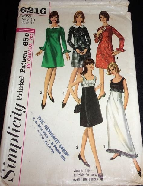 Vintage 1960's Simplicity Sewing Pattern 6216 Empire Dress Prom Gown Evening Formal Maxi Sleeve ...