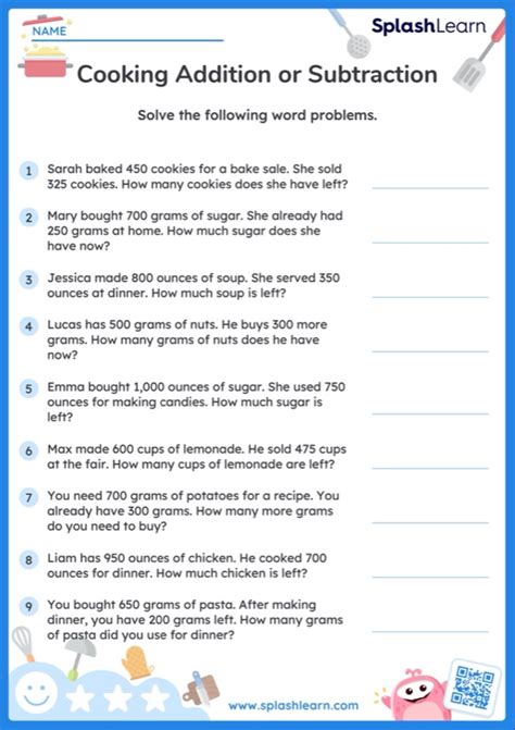 Add Or Subtract Within 1000 Cooking Word Problems — Printable Math