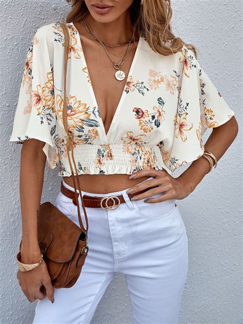 Shirred Deep V Neck Floral Blouse Ladies Tops Fashion Floral Blouse