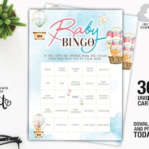 Hot Air Balloon Gender Reveal Baby Shower Bingo Cards Gender Reveal Baby Shower Game Instant