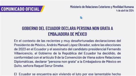 Ecuador Declara Persona Non Grata A Embajadora De México Grupo Milenio