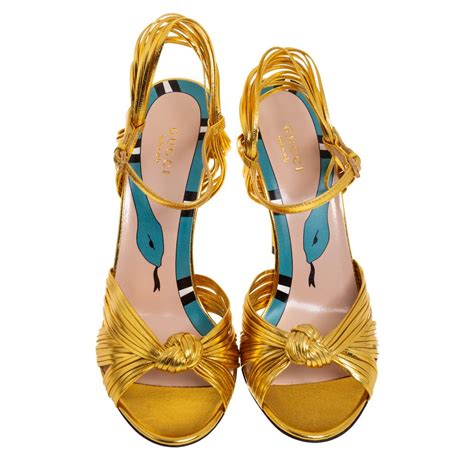 Gucci Metallic Gold Leather Strappy Allie Knot Sandals Size 39 At