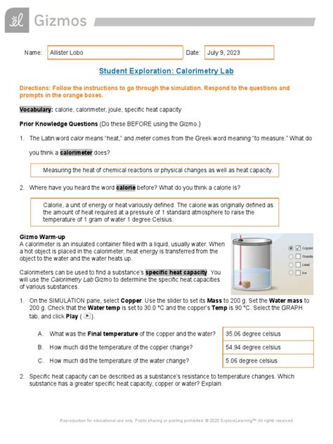 Calorimetry Lab - Student | PDF | Calorie | Heat