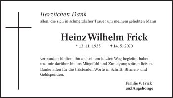 Traueranzeigen Von Heinz Wilhelm Frick Zeit Des Gedenkens De