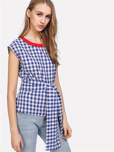 Shein Contrast Neck Belted Gingham Top Tops Gingham Tops Blouses