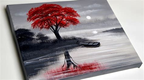 Black And White Landscape Painting Red Tree Easy Painting For