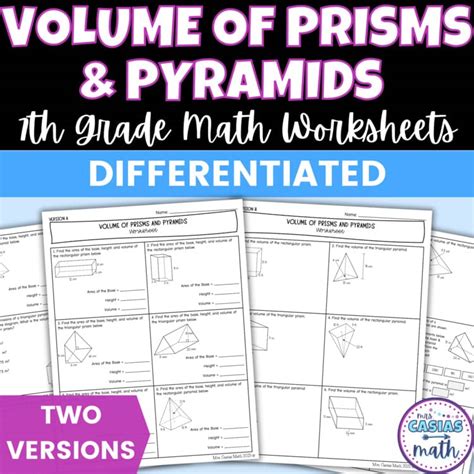 volume  prisms  pyramids worksheets differentiated  grade math