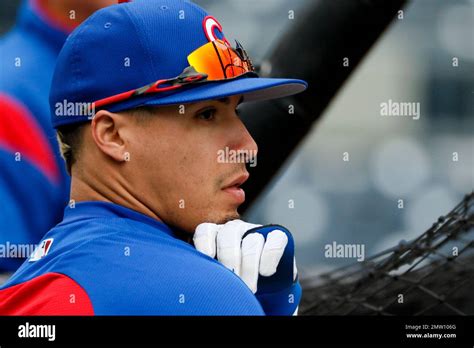 Chicago Cubs Javier Baez Waits His Turn In The Batting Cage Before A