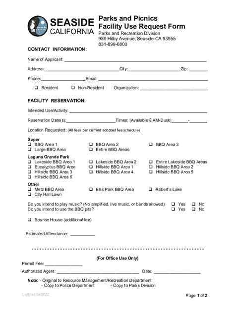 Fillable Online Facility Use Rental Request Form City Of Seaside Fax