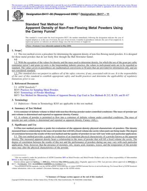 ASTM B417 11 Standard Test Method For Apparent Density Of Non Free