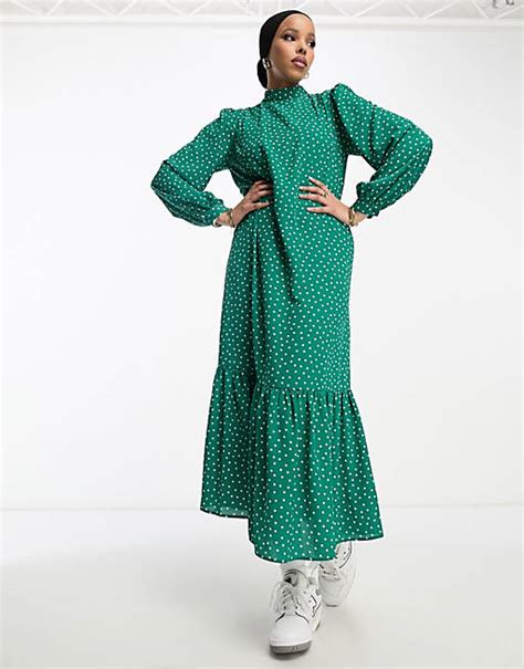 Asos Design High Neck Smock Maxi Dress In Green Spot Asos