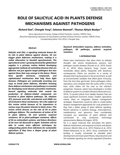 Pdf Role Of Salicylic Acid In Plants Defense Mechanisms Against Pathogens