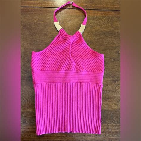 Cache Tops Cache Vintage Y K Bodycon Hot Pink Ribbed Halter Top