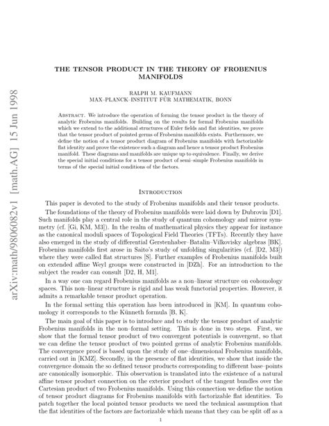 PDF The Tensor Product In The Theory Of Frobenius Manifolds