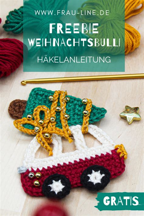 Freebie Häkelanleitung Bulli mit Weihnachtsbaum Frau Line