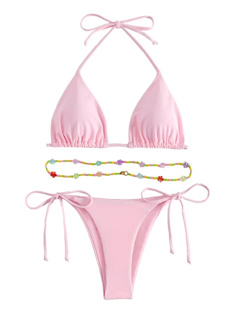 SHENHE Women S Piece Sexy Bikini Sets Halter Tie Side Triangle Swimsuits Beaded Light Pink