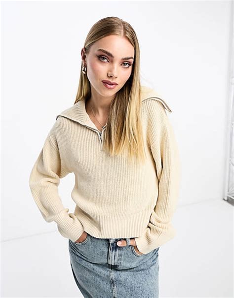 Monki High Zip Neck Knitted Sweater In Off White Asos