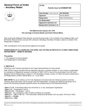 Fillable Online Ancillary Relief General Form Of Order In The And