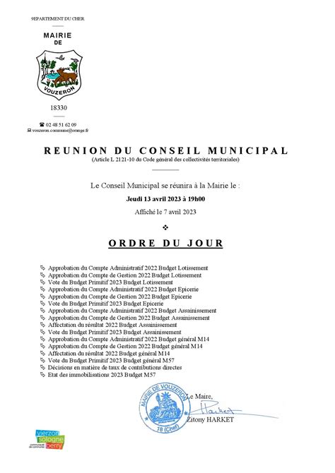 Réunion Du Conseil Municipal Du 13 Avril 2023 Le Village De Vouzeron