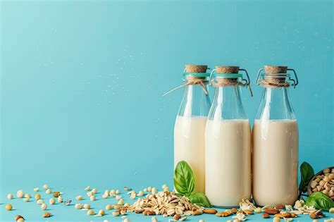 Premium Photo Vegan Plant Based Milk In Bottles On Blue Background