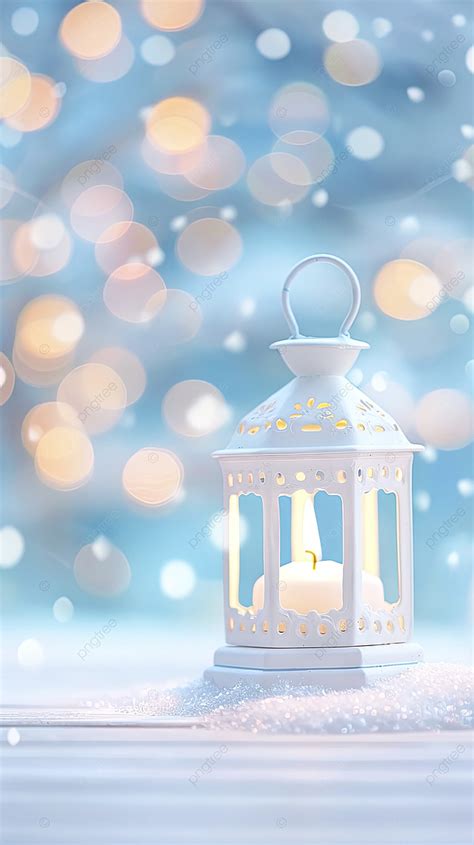 A Beautiful Lantern With Candle Light In The Snow At Night Background