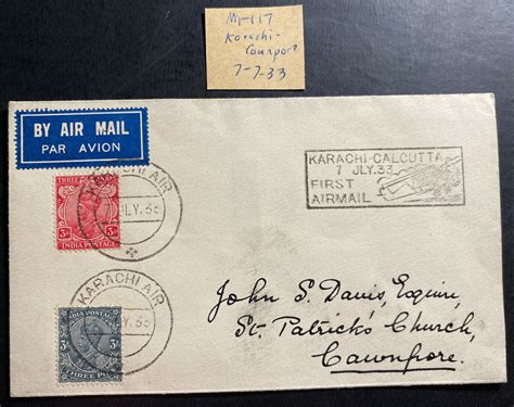 Karachi India First Flight Airmail Cover Ffc To Cawnpore Stephen