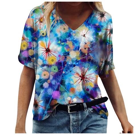 Floleo Women S Tops Clearance Summer Fashion Women S Printed Short Sleeve V Neck T Shirt Casual