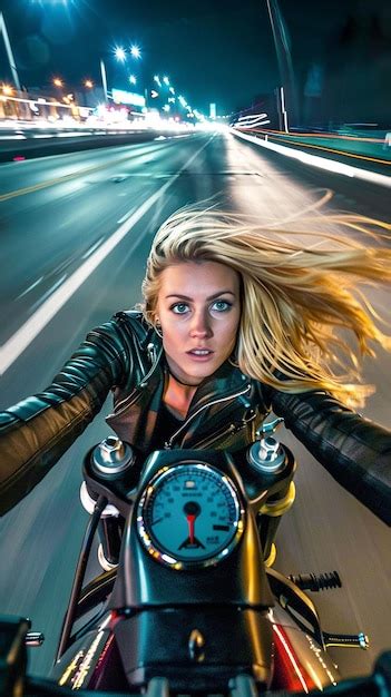 Premium Photo Blonde Motorcyclist Woman On Motorcycle At Night