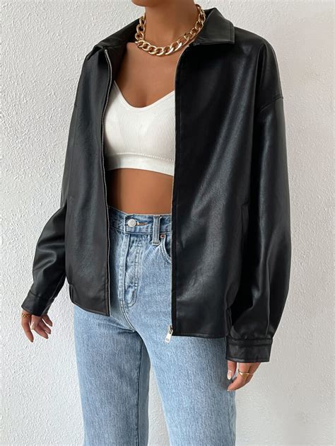 Shein Ezwear Drop Shoulder Zip Up Pu Cropped Leather Jacket Shein Usa