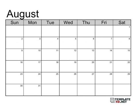 August monthly calendar template