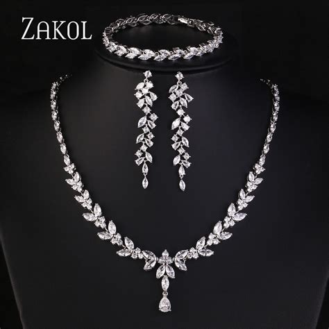 Zakol Luxury Cubic Zirconia Necklace Earrings Rings Set For Women