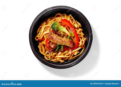 Bowl Of Stir Fried Udon Noodles With Beef Broccoli Bell Peppers And