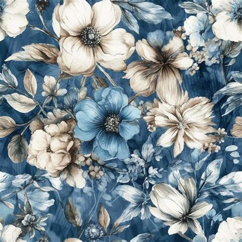 Premium Photo A Blue Floral Pattern With White And Blue Flowers