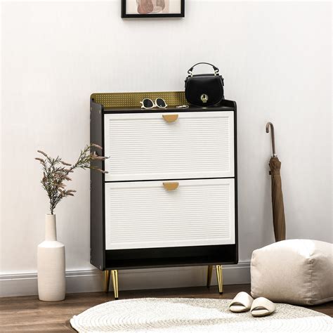 Everly Quinn Modern Shoe Cabinet With Flip Drawers And Open Shelf