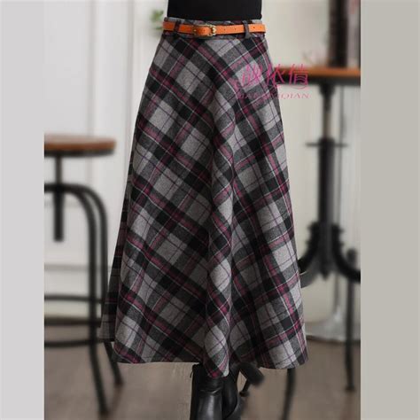 Women Winter Plaid Woolen Skirts Maxi High Waist Pleated Plaid Skirt