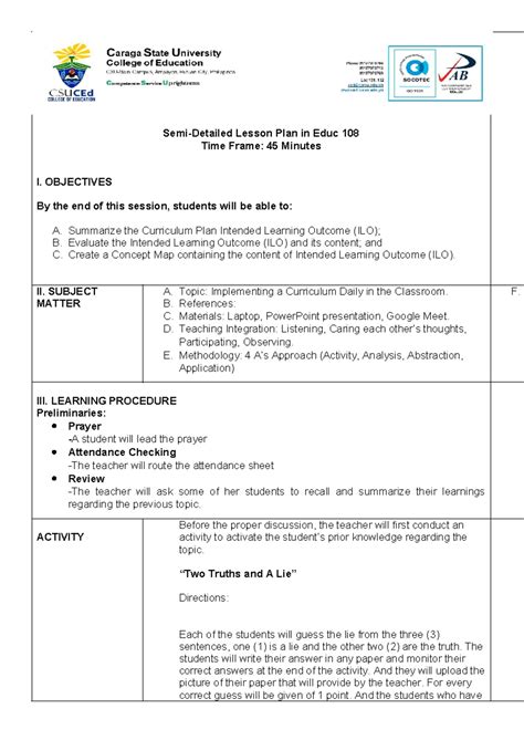 F Lesson Plan Initial Plan Semi Detailed Lesson Plan In Educ Time