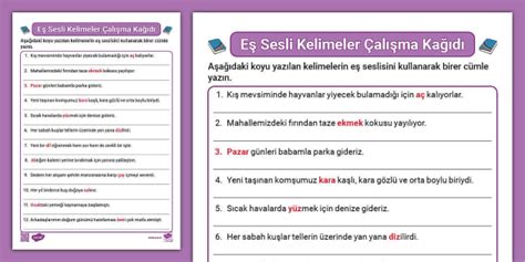 Eş Sesli Kelimeler Çalışma Kağıdı Twinkl