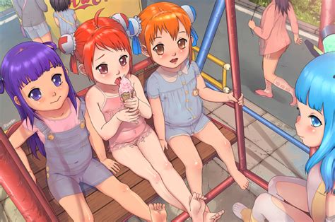 6girls A 801 Bag Barefoot Blue Eyes Blue Hair Brown Eyes Brown Hair