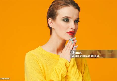 Colorful Makeup Woman Red Lips In Yellow Clothes On Color Happy Summer