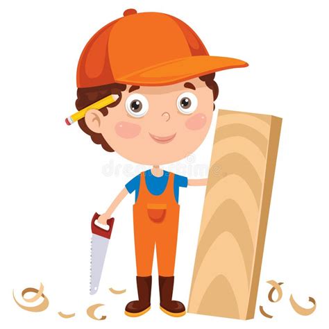 Little Cartoon Carpenter Working With Woods Stock Vector Illustration