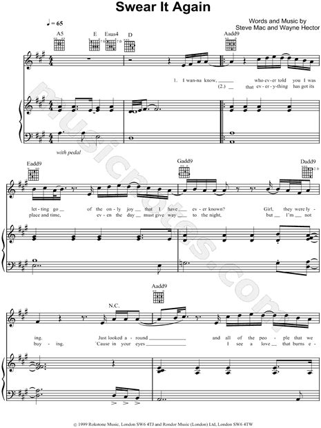 Westlife "Swear It Again" Sheet Music in A Major - Download & Print ...